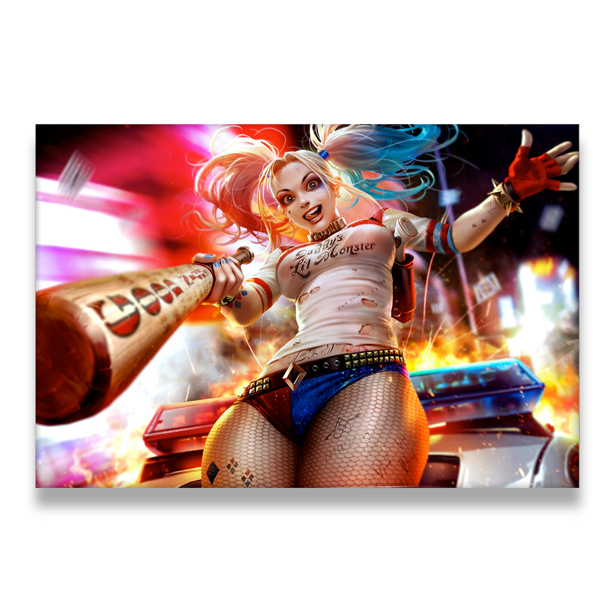 Harley Quinn fan art canvas wall art – Suicide Squad Daddy's Lil Monster design with bat, fishnet, and flames