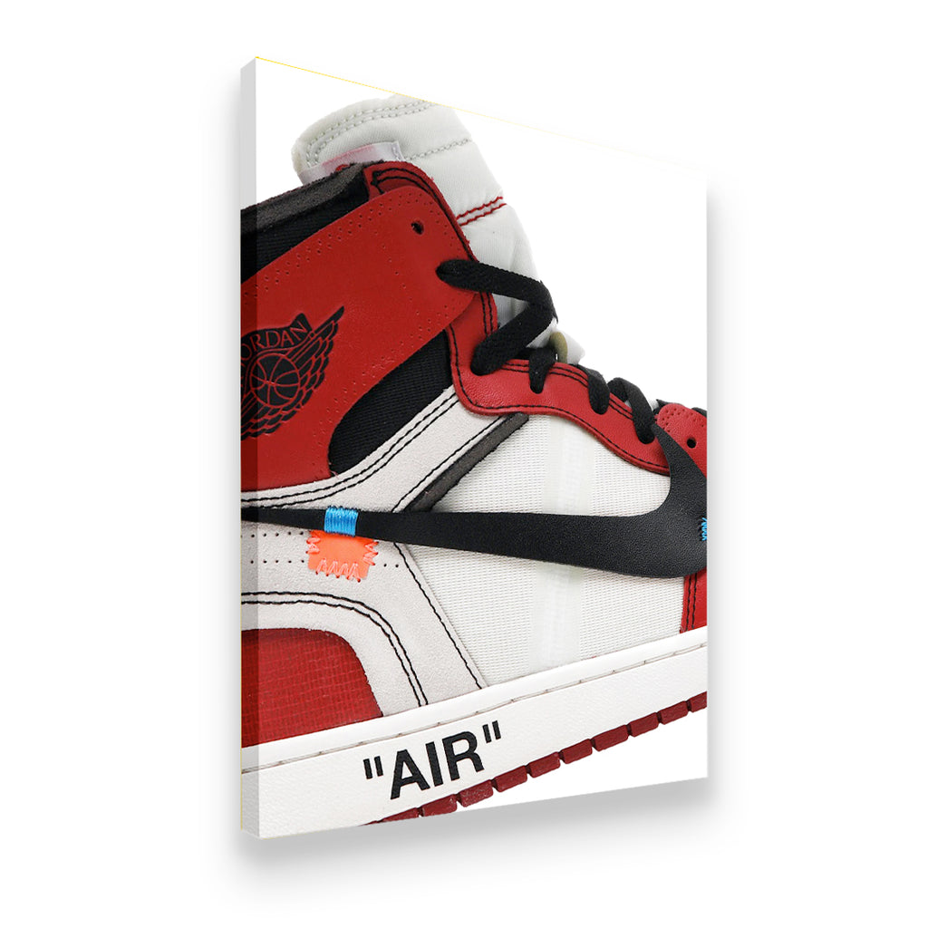 Gallery-wrapped canvas print of Air Jordan 1 Off-White Chicago sneaker macro detail with red, white, and black colorway
