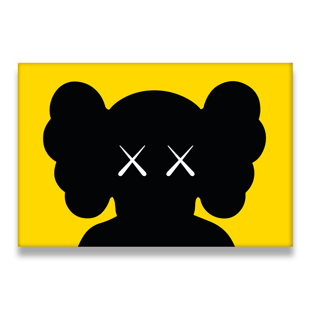 KAWS-style XX shadow figure canvas wall art – bold black silhouette with XX eyes on vivid yellow background