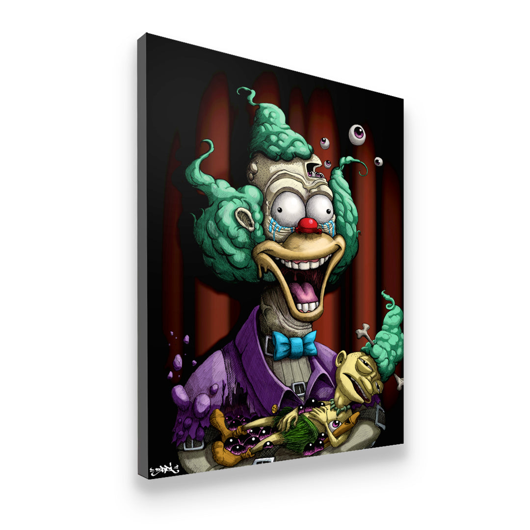 Gallery-wrapped canvas print of Krusty the Clown as dark horror art – bold Simpsons pop culture wall decor