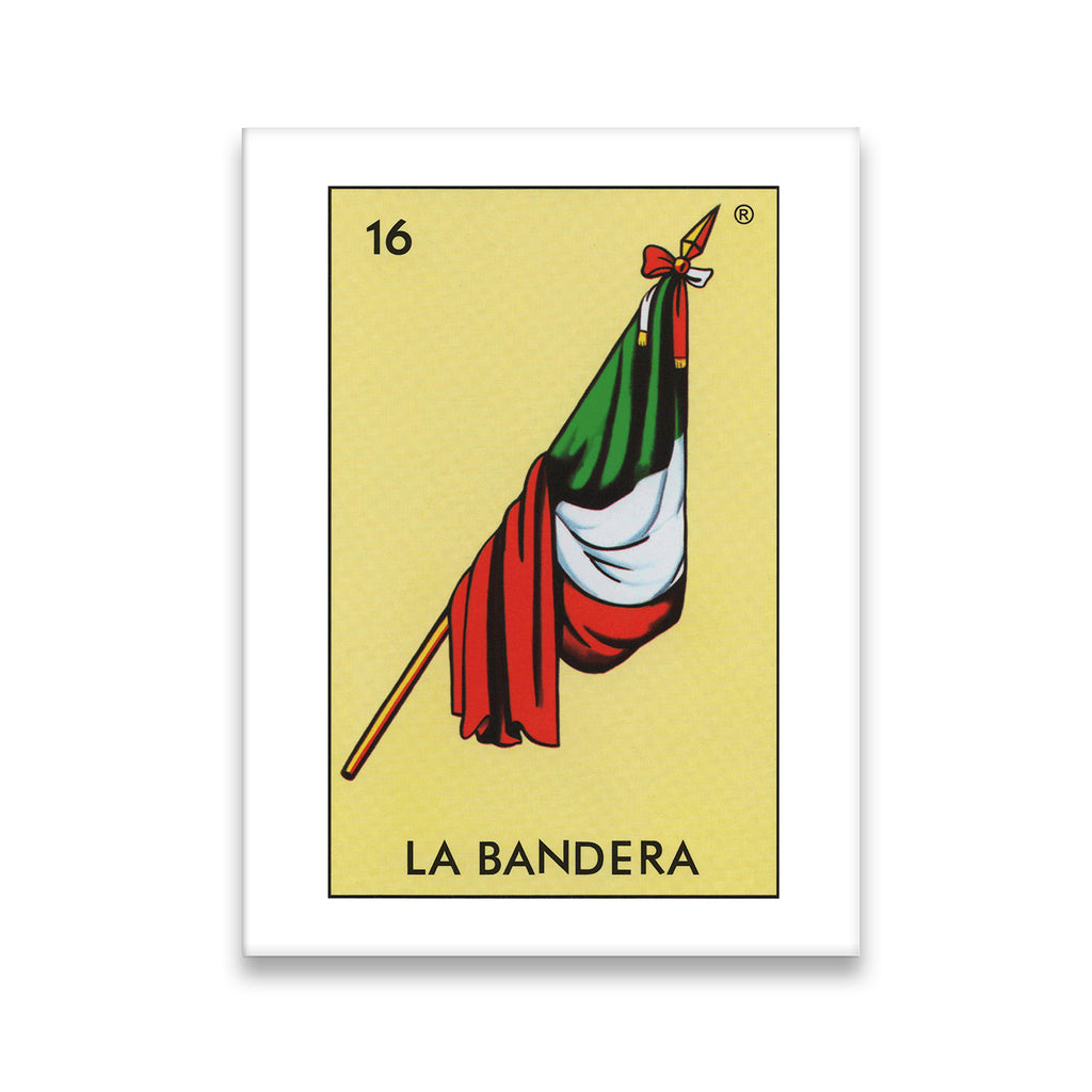 La Bandera Lotería card No. 16 canvas wall art — Mexican tricolor flag in bold folk illustration style on golden background