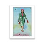 La Dama Loteria Card No. 3 canvas wall art — elegant woman in green suit, pink beret, red flowers, Mexican folk art style