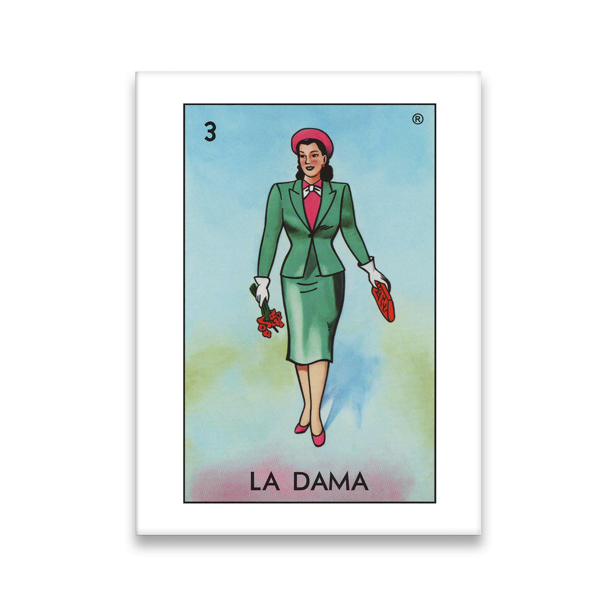 La Dama Loteria Card No. 3 canvas wall art — elegant woman in green suit, pink beret, red flowers, Mexican folk art style