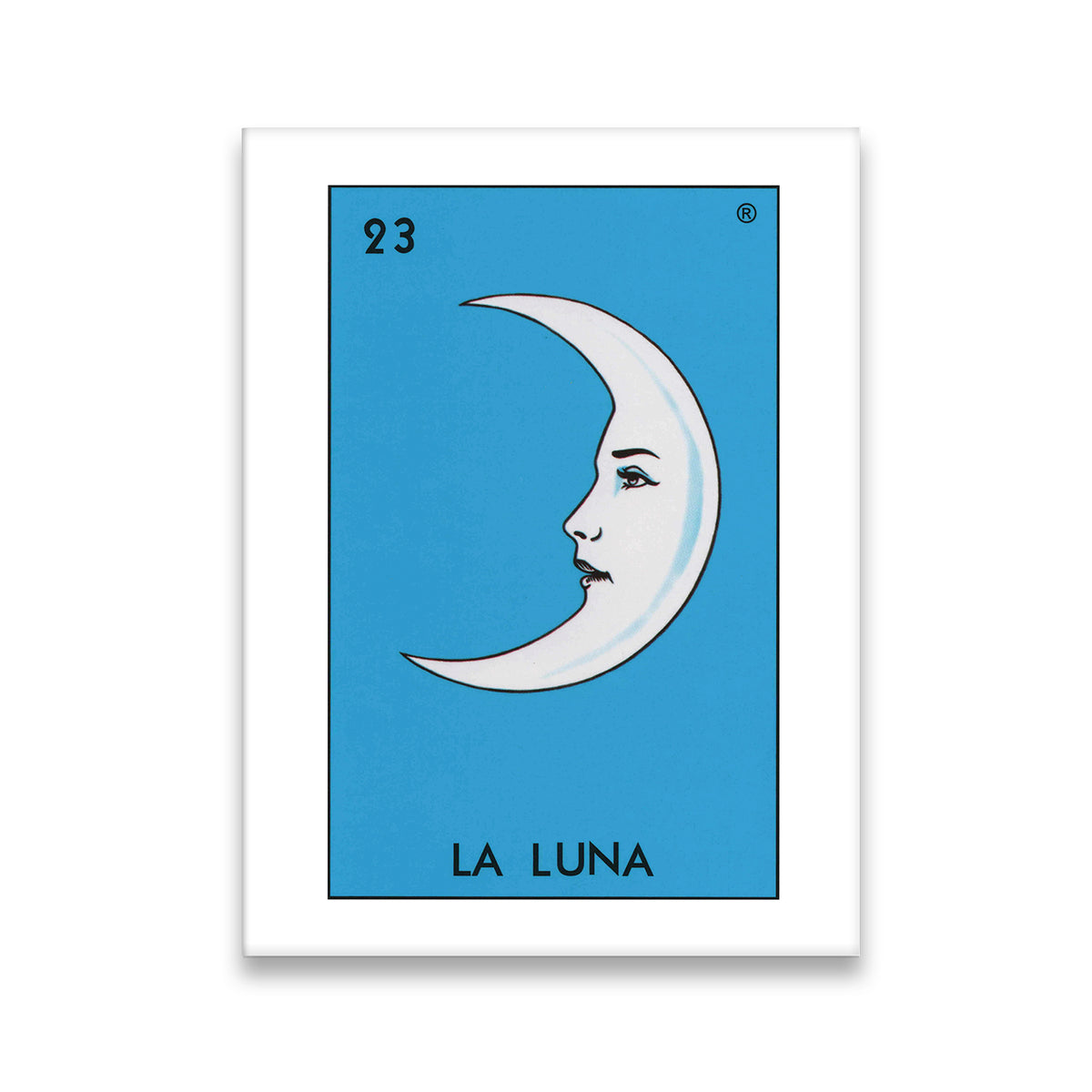 La Luna Lotería card No. 23 canvas wall art — white crescent moon with human face on sky-blue background