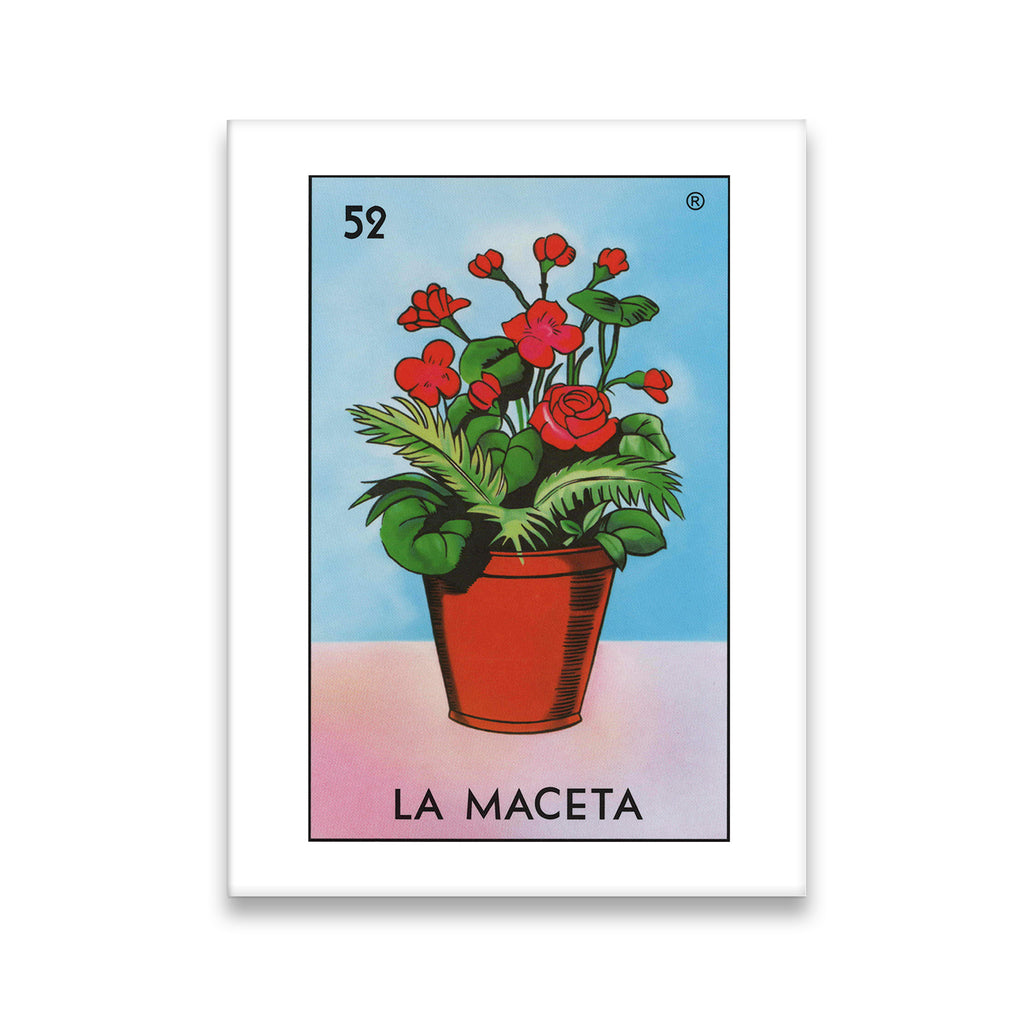 La Maceta Lotería card #52 canvas wall art — red flowering pot on pastel blue background, Mexican folk art illustration