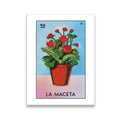 La Maceta Lotería card #52 canvas wall art — red flowering pot on pastel blue background, Mexican folk art illustration