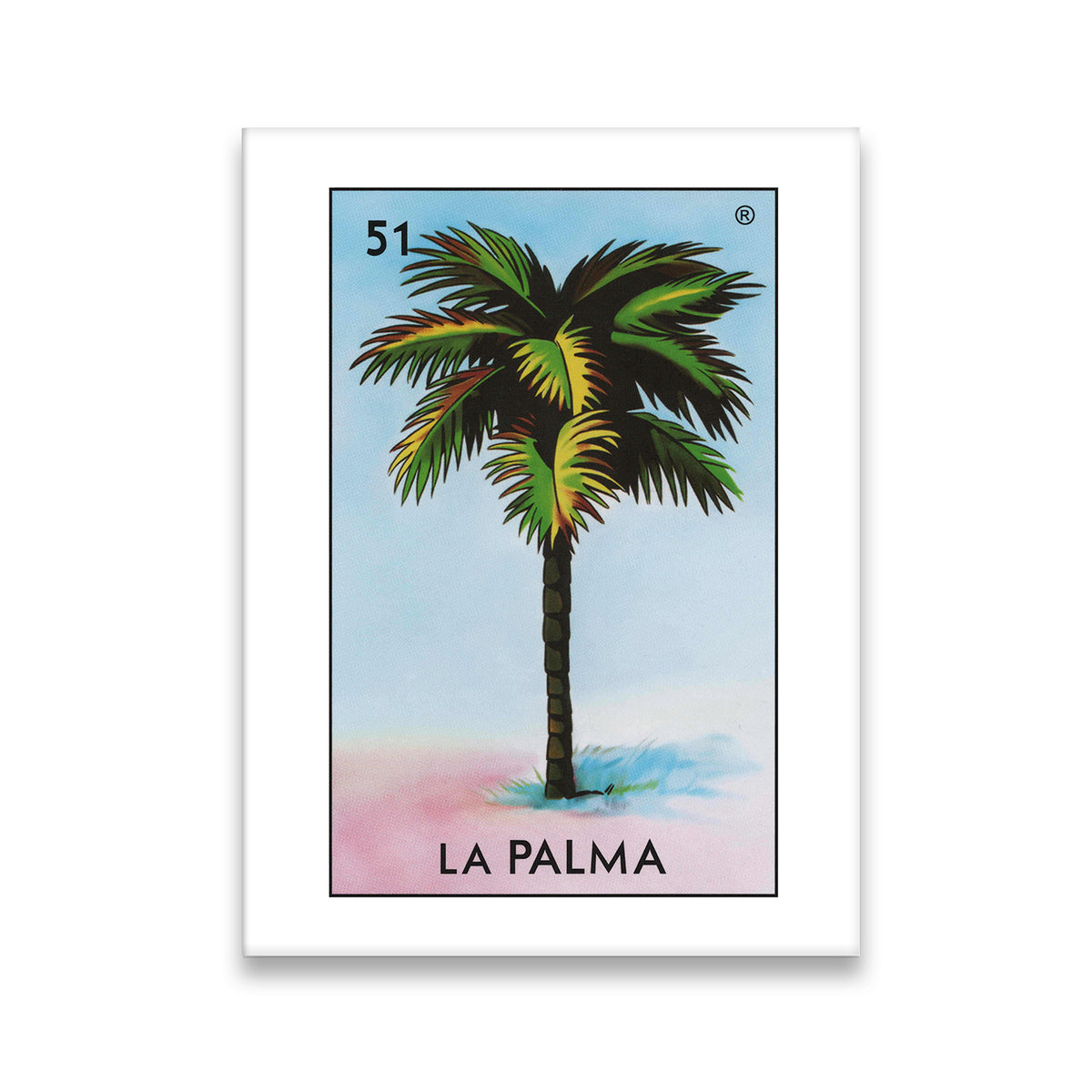 La Palma Loteria card number 51 canvas wall art with palm tree on pastel blue and pink background