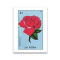 La Rosa Loteria card canvas wall art with red rose on light blue background, Mexican folk art style print