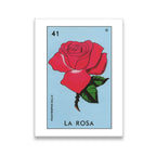 La Rosa Loteria card canvas wall art with red rose on light blue background, Mexican folk art style print
