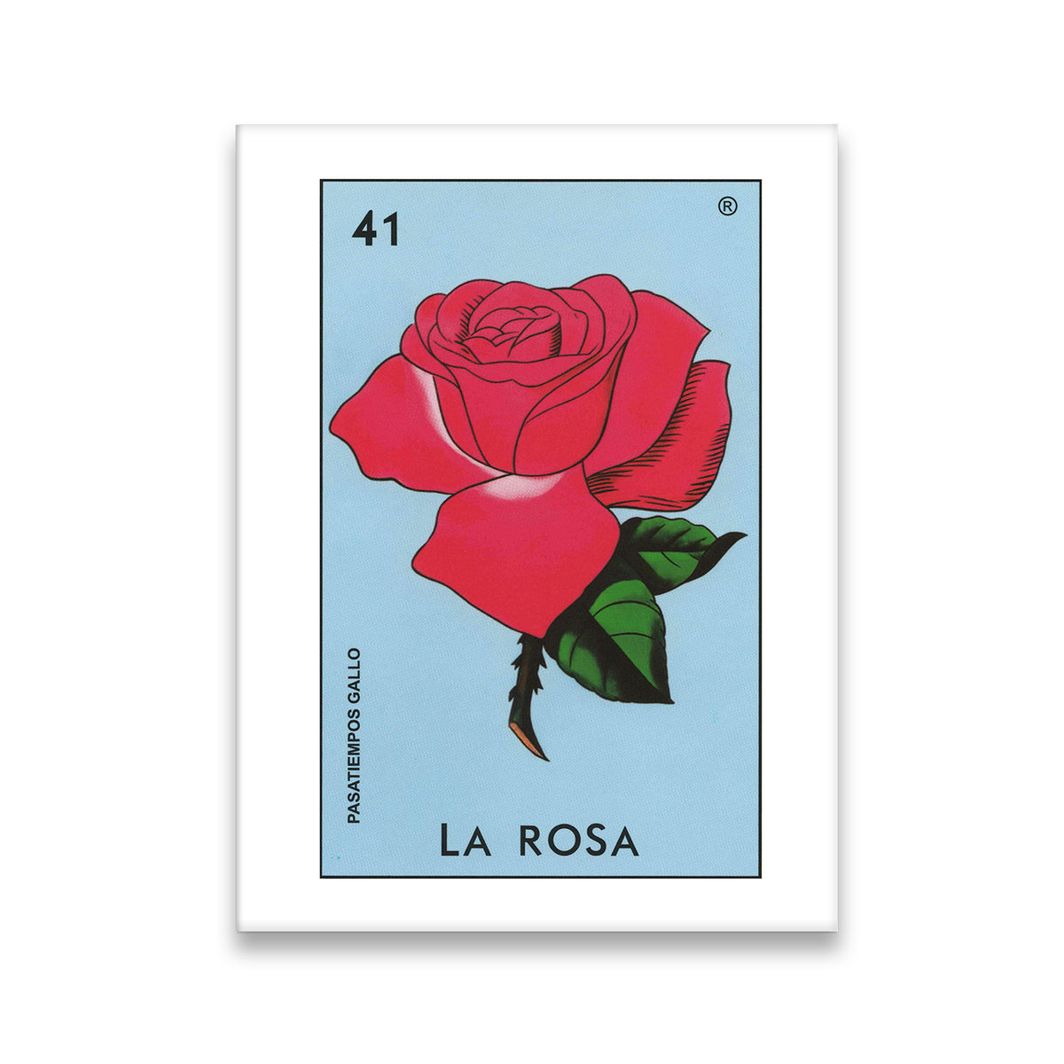 La Rosa Loteria card canvas wall art with red rose on light blue background, Mexican folk art style print