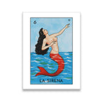 La Sirena Lotería card No. 6 canvas wall art — Mexican folk art mermaid with red tail rising from ocean waves