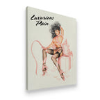 Side angle of Luxurious Pain pin-up canvas — gallery-wrapped retro glam wall art with blush and noir palette, ready to hang