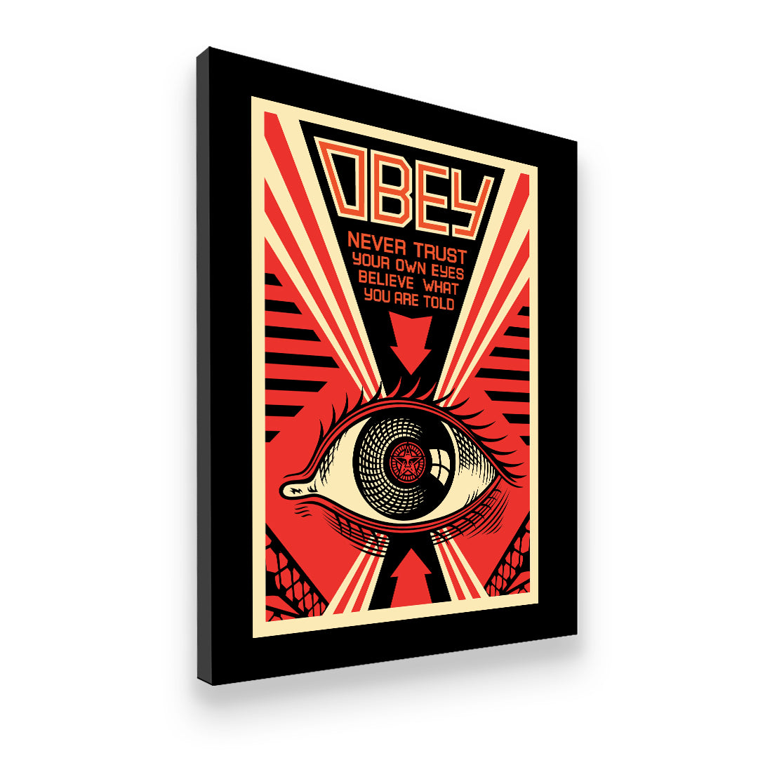 Gallery-wrapped Obey Never Trust Your Eyes canvas wall art shown at angle — bold street art propaganda eye design