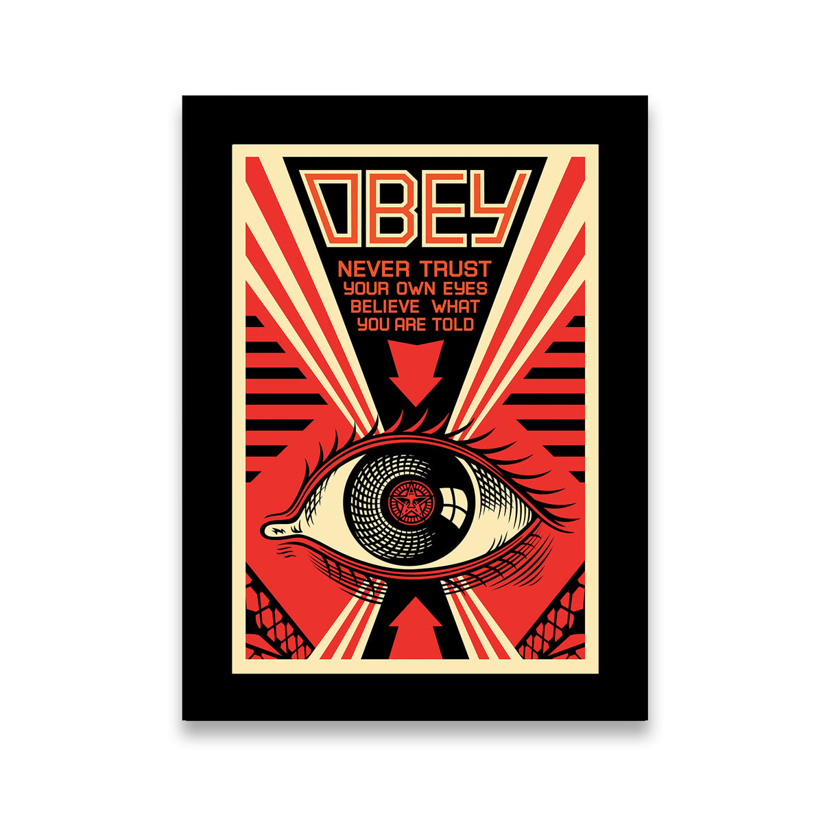 Obey Never Trust Your Own Eyes street art canvas wall art — red black cream propaganda-style eye graphic on black border