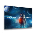 Gallery-wrapped Out of This World astronaut space canvas wall art shown in angled 3D frame view