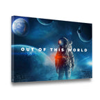 Gallery-wrapped Out of This World astronaut space canvas wall art shown in angled 3D frame view