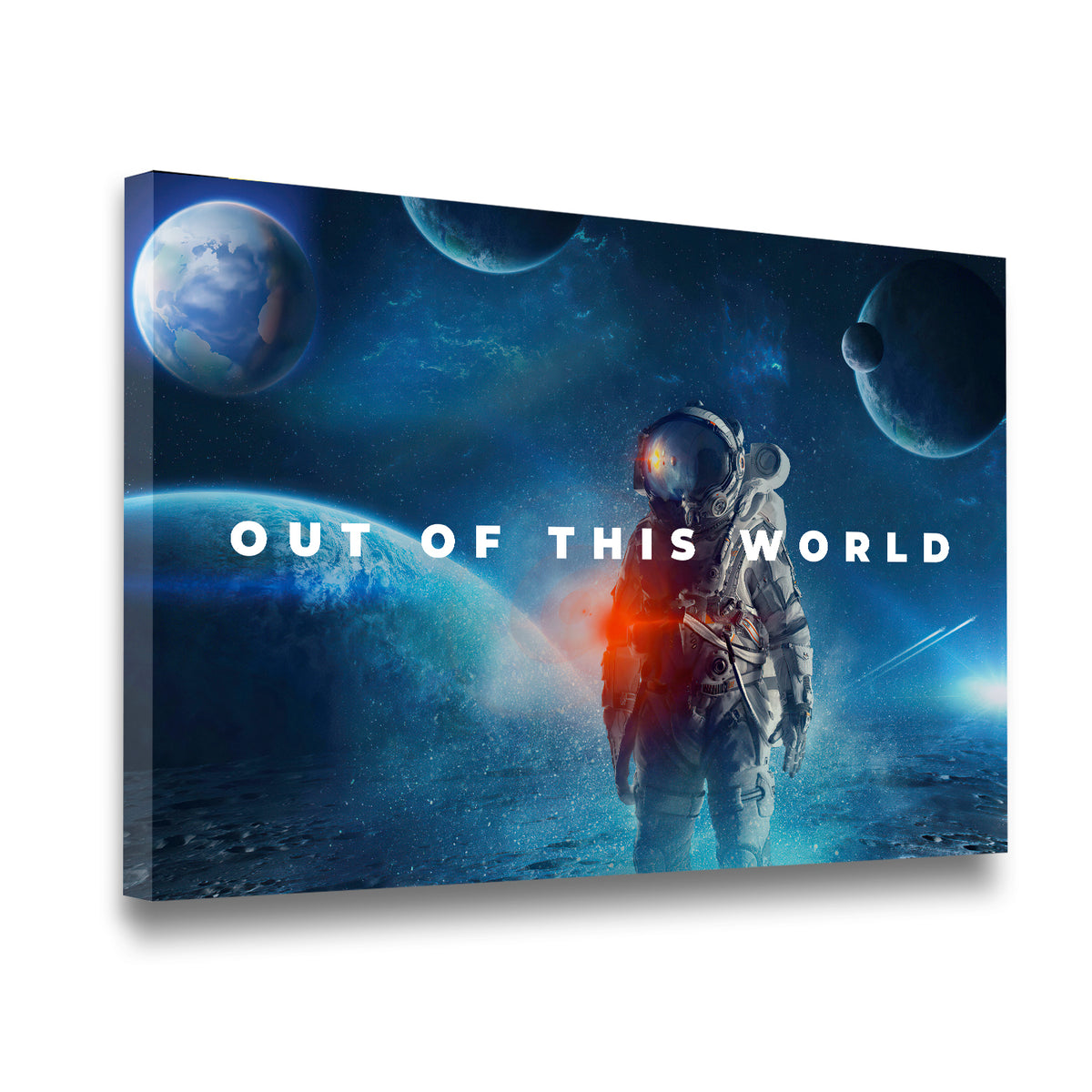 Gallery-wrapped Out of This World astronaut space canvas wall art shown in angled 3D frame view