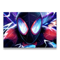 Miles Morales Spider-Man neon close-up canvas wall art with glowing blue lenses and electric multiverse lighting