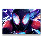 Miles Morales Spider-Man neon close-up canvas wall art with glowing blue lenses and electric multiverse lighting