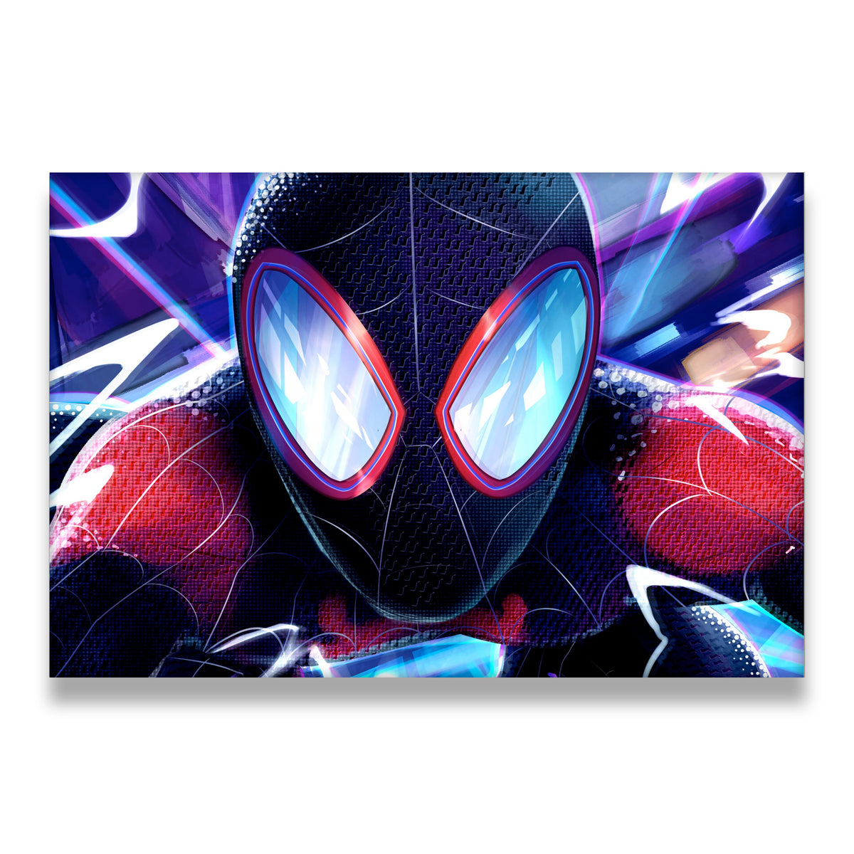 Miles Morales Spider-Man neon close-up canvas wall art with glowing blue lenses and electric multiverse lighting