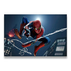 Spider-Man web-slinging through a glowing city night sky, red and blue suit in sharp detail — canvas wall art print