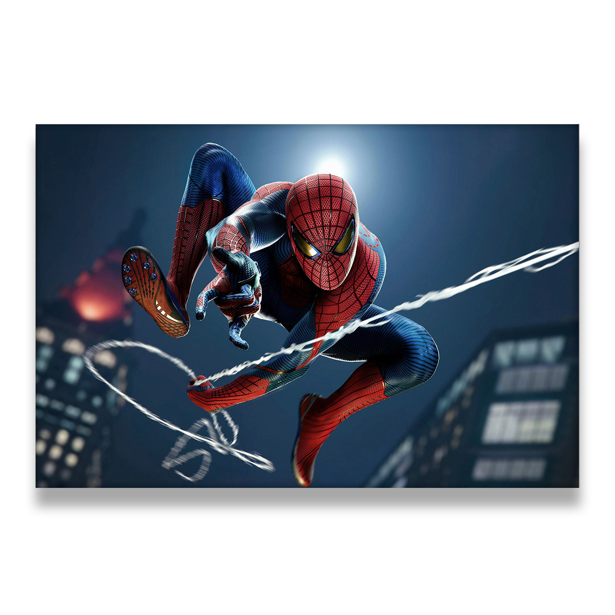 Spider-Man web-slinging through a glowing city night sky, red and blue suit in sharp detail — canvas wall art print