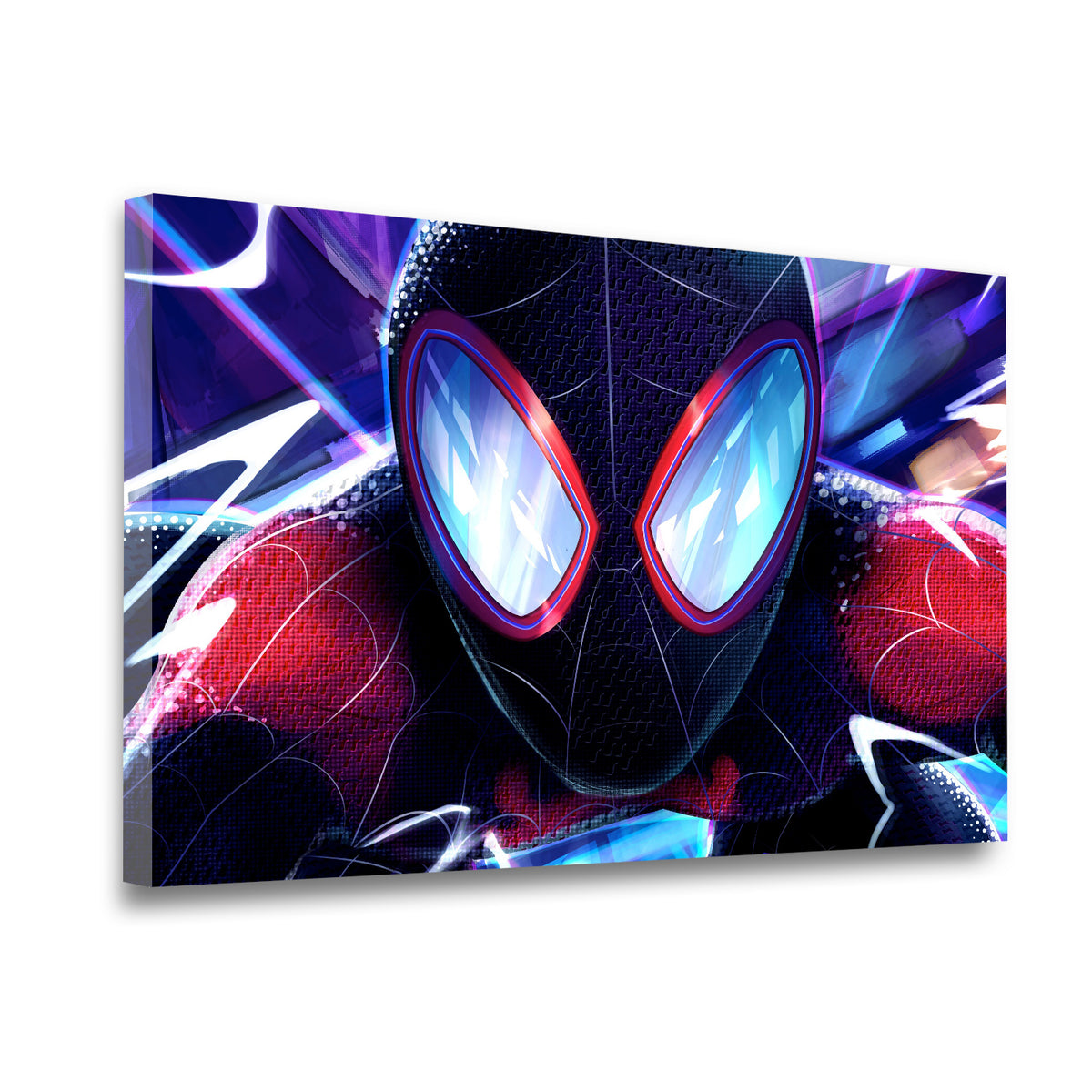 Gallery-wrapped Miles Morales Spider-Man canvas wall art showing vivid neon red-black suit detail on a deep-wrap frame
