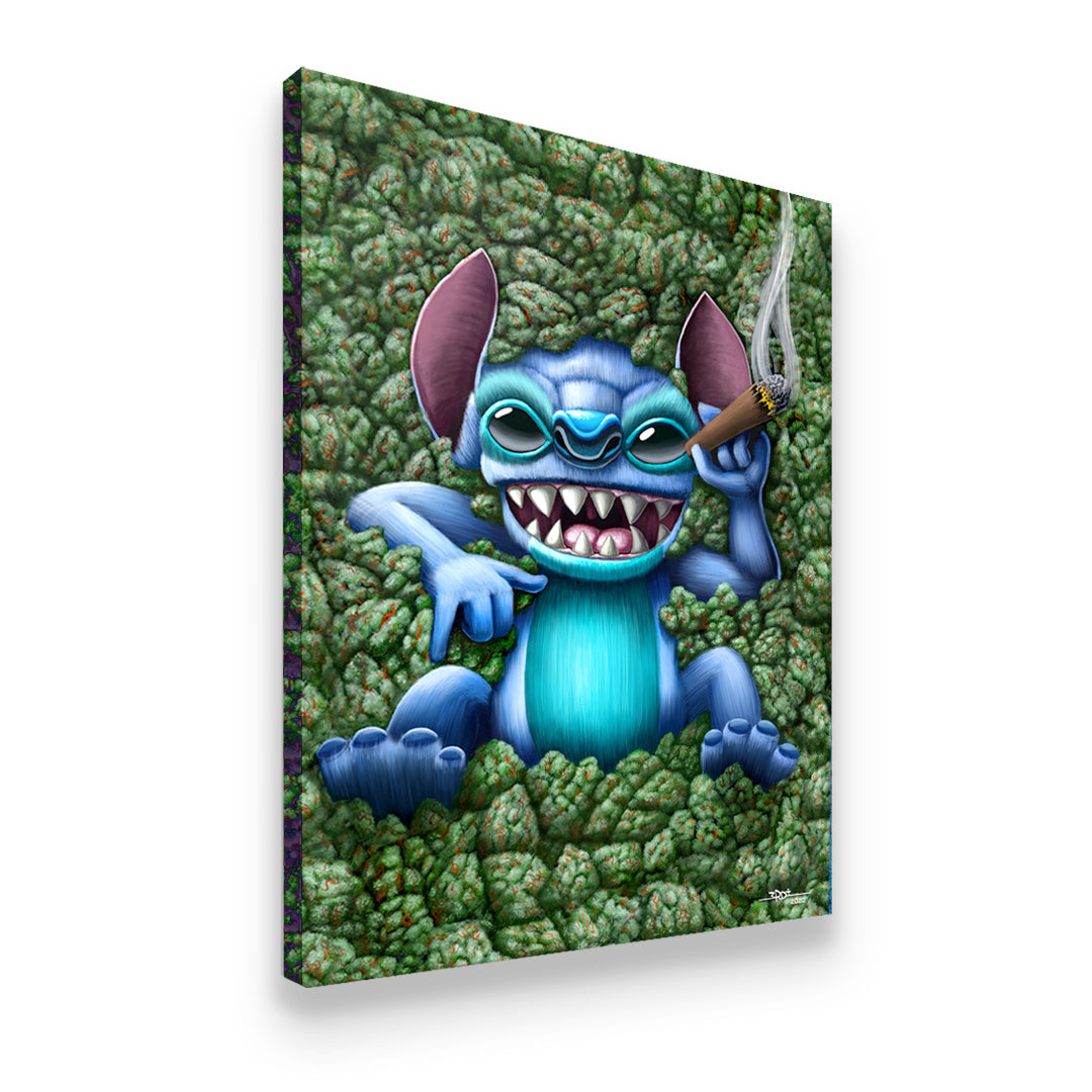 Gallery-wrapped canvas side view of Stitch weed pop art print with vibrant blue and green tones