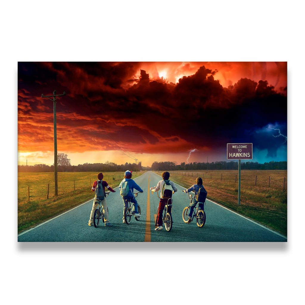 Stranger Things canvas wall art showing four kids on bikes facing the Welcome to Hawkins sign under a dramatic Upside Down s