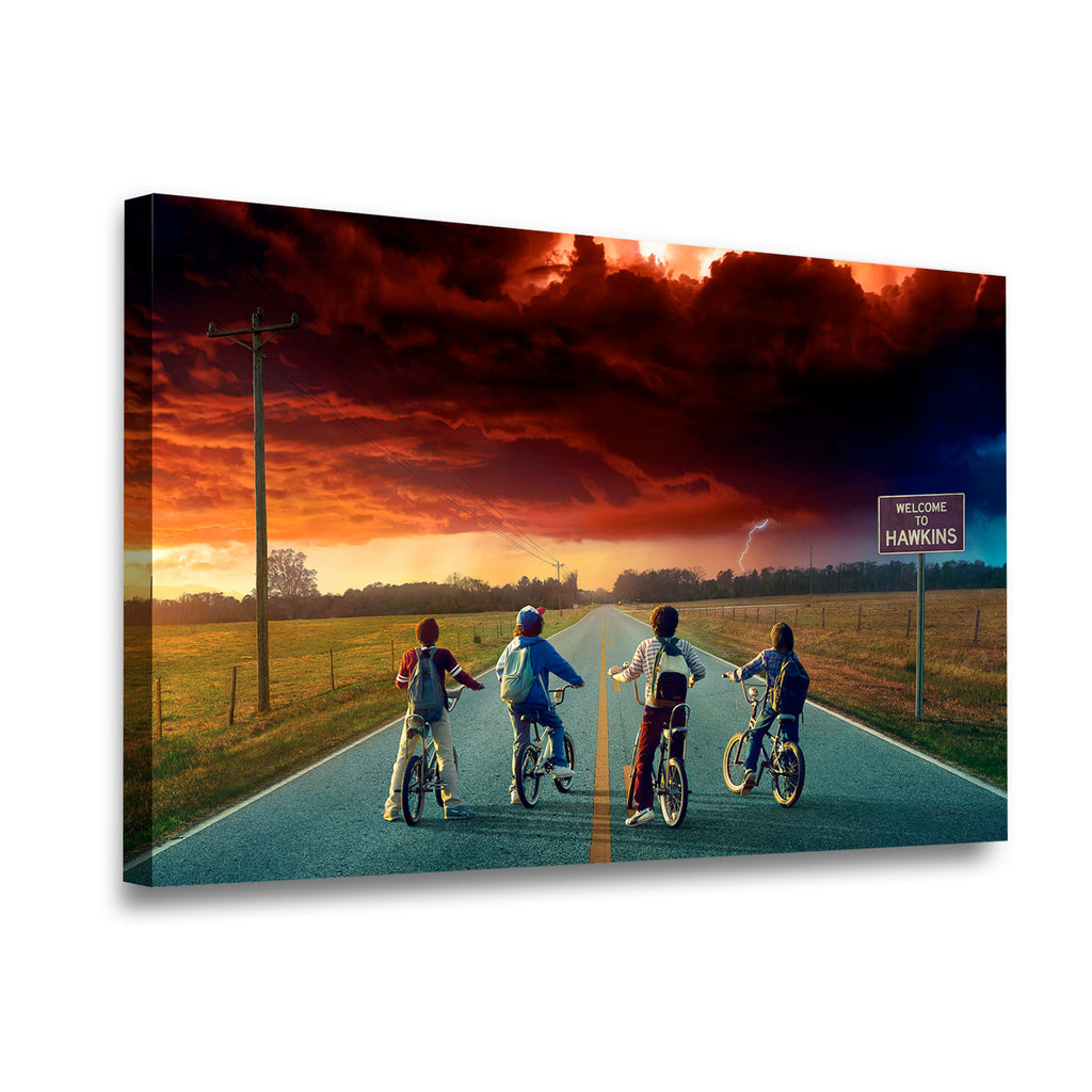 Gallery-wrapped Stranger Things Hawkins canvas wall art with vivid archival print, angled side view showing canvas depth