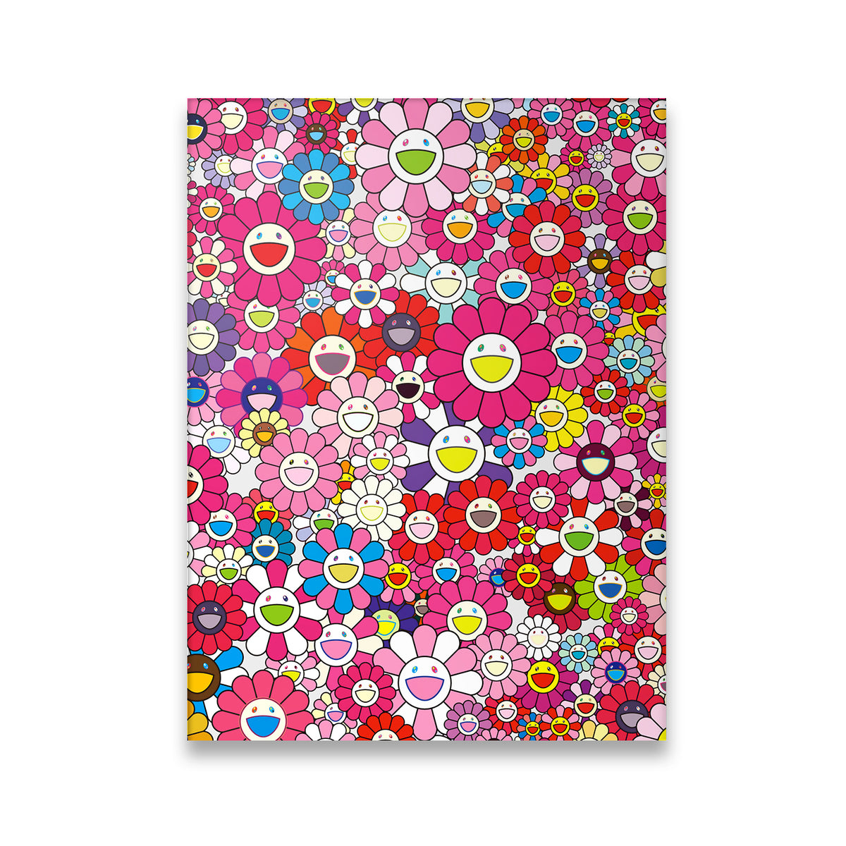 Colorful smiling flower pattern canvas wall art with pink, red, and multicolor blooms in a Japanese neo-pop style