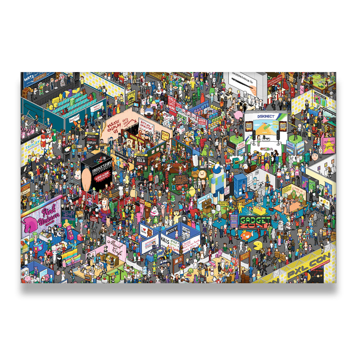 Pixel art Comic Con canvas wall art featuring hundreds of characters, gaming booths, cosplay zones, and pop-culture Easter e