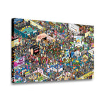 Gallery-wrapped pixel art Comic Con canvas wall art shown at angle, packed with retro gaming, anime, and fan convention scen