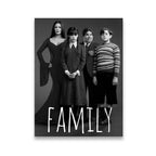 Addams Family portrait canvas wall art — Wednesday, Morticia, Gomez and Pugsley in black and white with FAMILY text