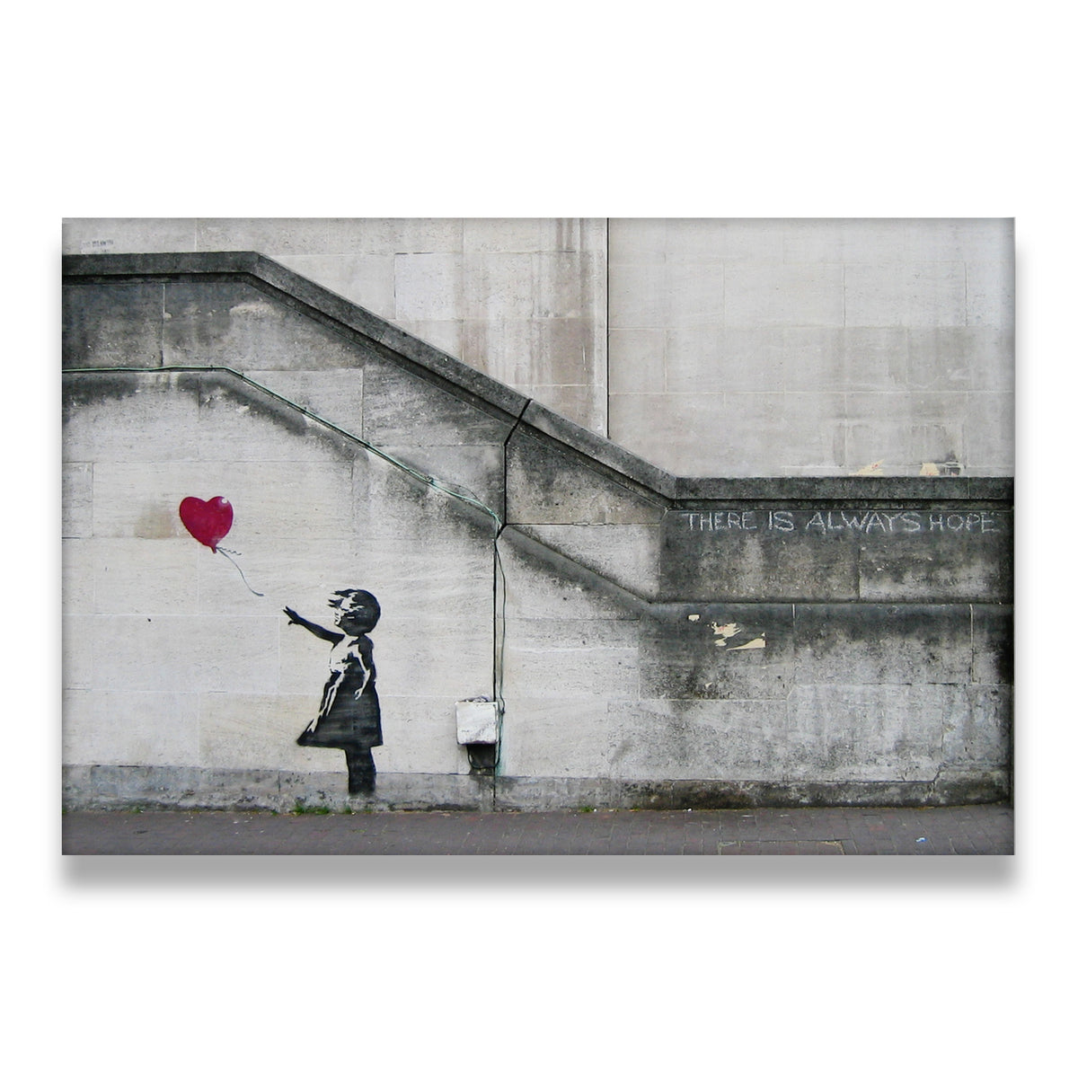 Girl with red heart balloon street art canvas wall art print – There Is Always Hope urban mural on concrete wall