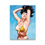 Bettie Page-style pin-up canvas wall art — dark-haired figure in yellow polka-dot bikini on sky-blue painted background