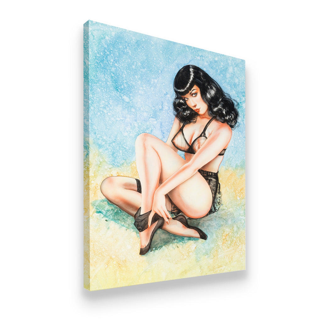 Gallery-wrapped canvas side view of Bettie Page pin-up watercolor art with blue and gold watercolor wash background