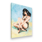 Gallery-wrapped canvas side view of Bettie Page pin-up watercolor art with blue and gold watercolor wash background