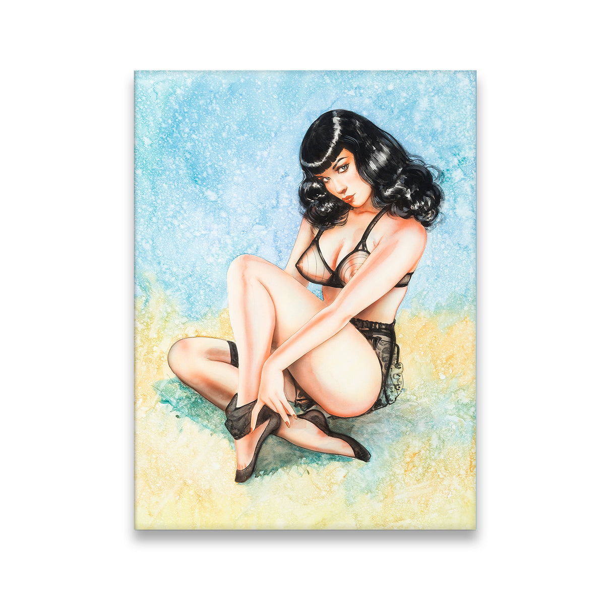Bettie Page pin-up watercolor canvas wall art — black hair, black lingerie, heels, on a soft blue and gold background
