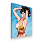 Gallery-wrapped canvas side view of retro Bettie Page pin-up painting in yellow bikini with expressive blue brushwork backgr