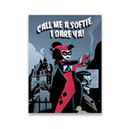 Harley Quinn 'Call Me A Softie I Dare Ya' animated-style comic art print flat view with Joker and Gotham mansion