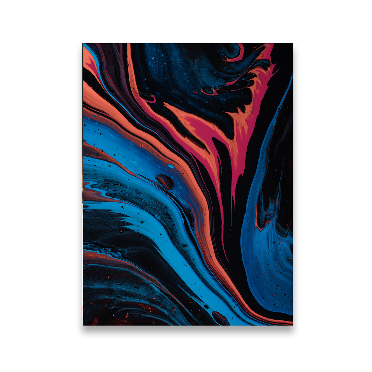 Cold & Warm Nights abstract canvas wall art with fluid blue, crimson, and black swirling paint design