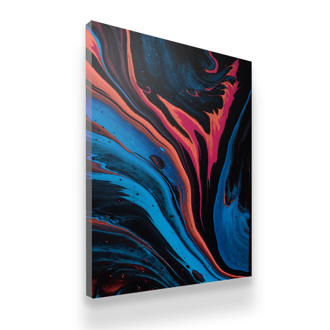Side-angle view of Cold & Warm Nights premium abstract canvas wall art showing bold fluid paint in blue and red