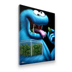 Gallery-wrapped canvas side view of Nug Monster blue fuzzy monster pop art with vivid blue and green color detail