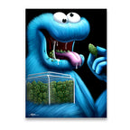 Nug Monster blue fuzzy monster cannabis pop art canvas wall art — wide-eyed creature holding green buds against black backgr