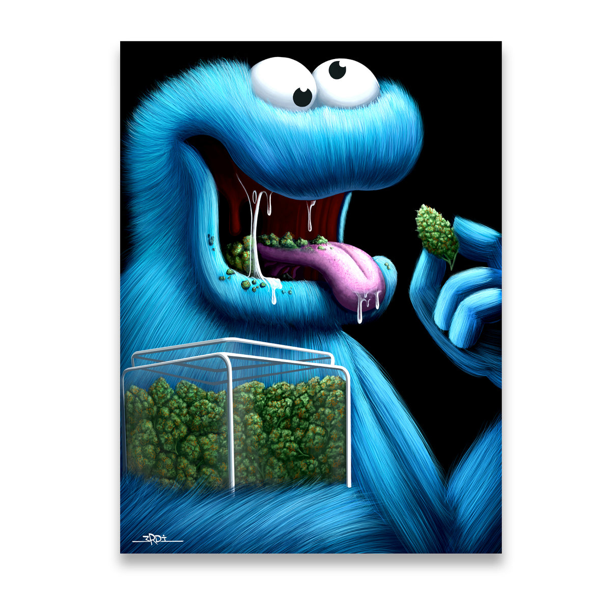 Nug Monster blue fuzzy monster cannabis pop art canvas wall art — wide-eyed creature holding green buds against black backgr