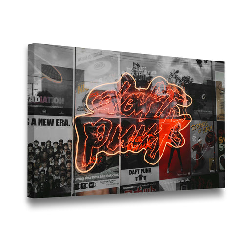 Gallery-wrapped canvas print of Daft Punk neon graffiti sign over desaturated fan poster collage, side angle view