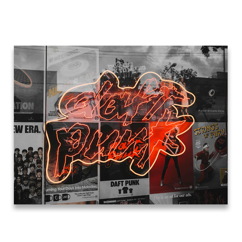Daft Punk neon sign glowing in orange and red against a monochrome music poster collage, canvas wall art