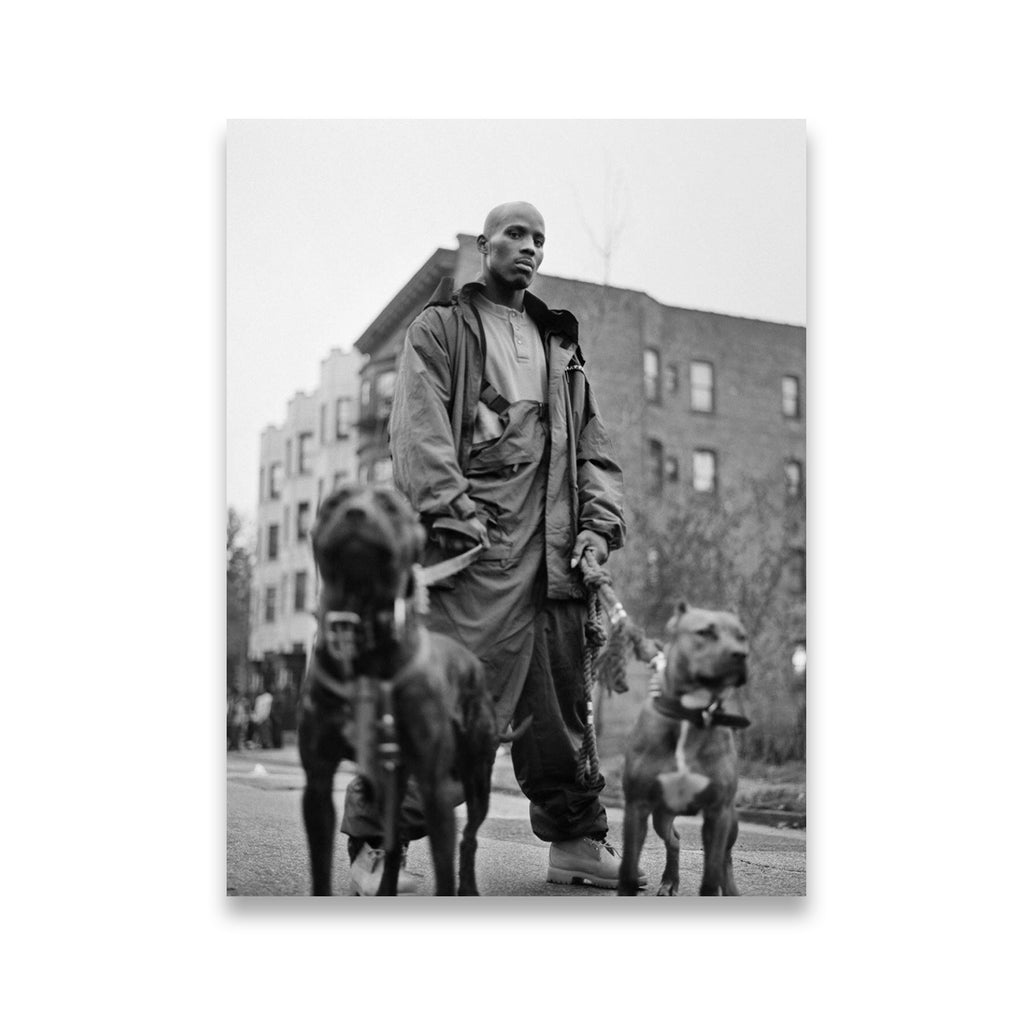 DMX black and white canvas wall art — rap legend walking pit bulls on NYC streets, late-'90s hip-hop portrait