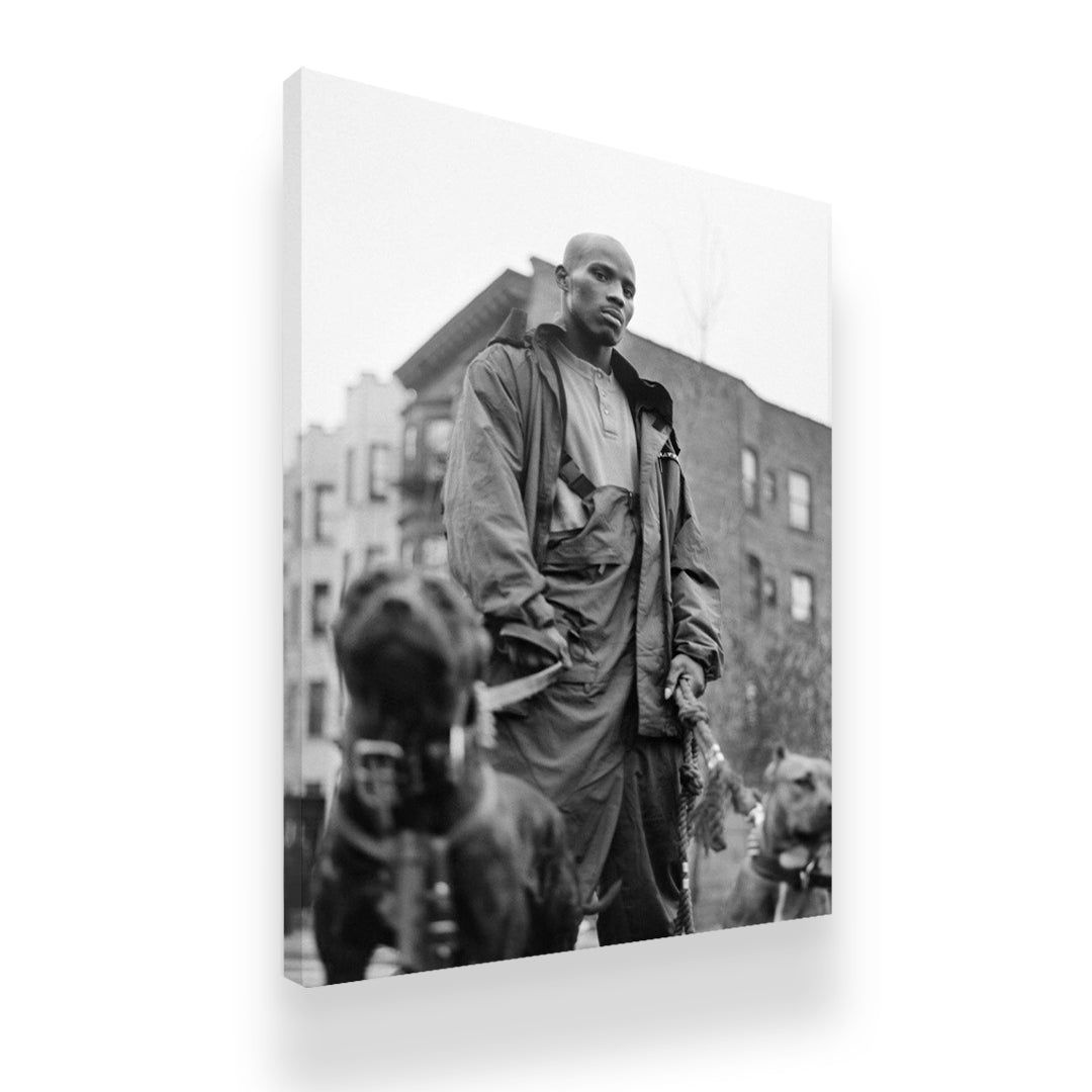 DMX NYC streets canvas print gallery wrap side view — black and white hip-hop wall art by Canvas District